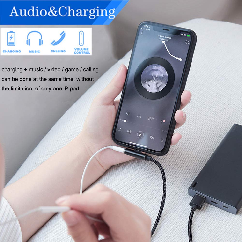 Twinkk 2 in 1 Audio&Charge Headphone Jack Adapter Charging Cable Cord Dongle Compatible with iPhone Xs Max/XS/XR/X/8/7 and More Compatible with iOS 10.3/12 or Later(Black)