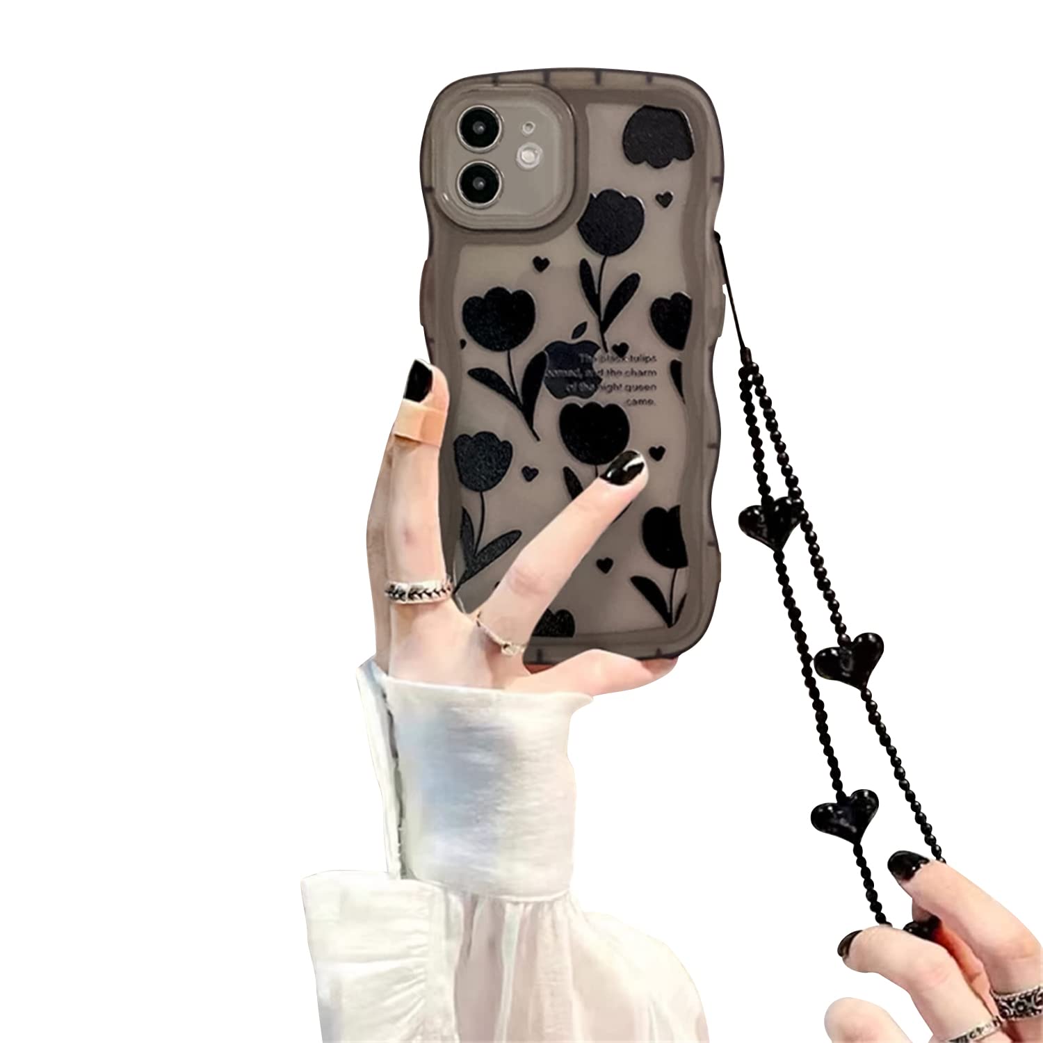 Fycyko Compatible for iPhone 12 Case with Cute Simplicity Black Flowers Pattern Design Women Teen Girls Lens Protection Case for iPhone 12 +Black Heart Chain