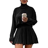 Jenisso Women's 2 Piece Outfits Turtleneck Long Sleeve Oversized Pullover Sweaters and Pleated Mini Skirt Two Piece Sets