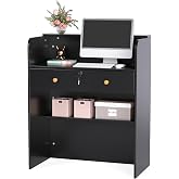 OmySalon Reception Desk with Counter, Small Front Checkout Desk w/Lockable Drawer, Wooden Modern Reception Table for Salon Lobby Office Home (Black, 32)