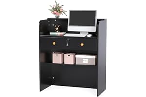 OmySalon Reception Desk with Counter, Small Front Checkout Desk w/Lockable Drawer, Wooden Modern Reception Table for Salon Lobby Office Home (Black, 32)