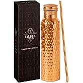 Taluka 100% Real Pure Copper Water Bottle For Drinking 34 OZ/1000 ML Hammered Copper Bottle With Straw Handcrafted Leak Proof Design Ayurveda Health Benefits For Yoga Office Travel Gym