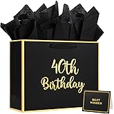 BeiLaad 40th Birthday Gift Bag with Card and Tissue Paper for Men Women, Elegant Black Gold Anniversary Keepsake Party Present Shopping Paper Bags for Gifts Wrapping (40th)