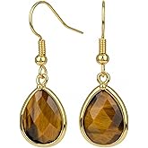Tiger Eye Earrings, Gold Plated Natural Gemstone Dangle Earrings for Women, Trendy Teardrop Shape Birthstone Earrings