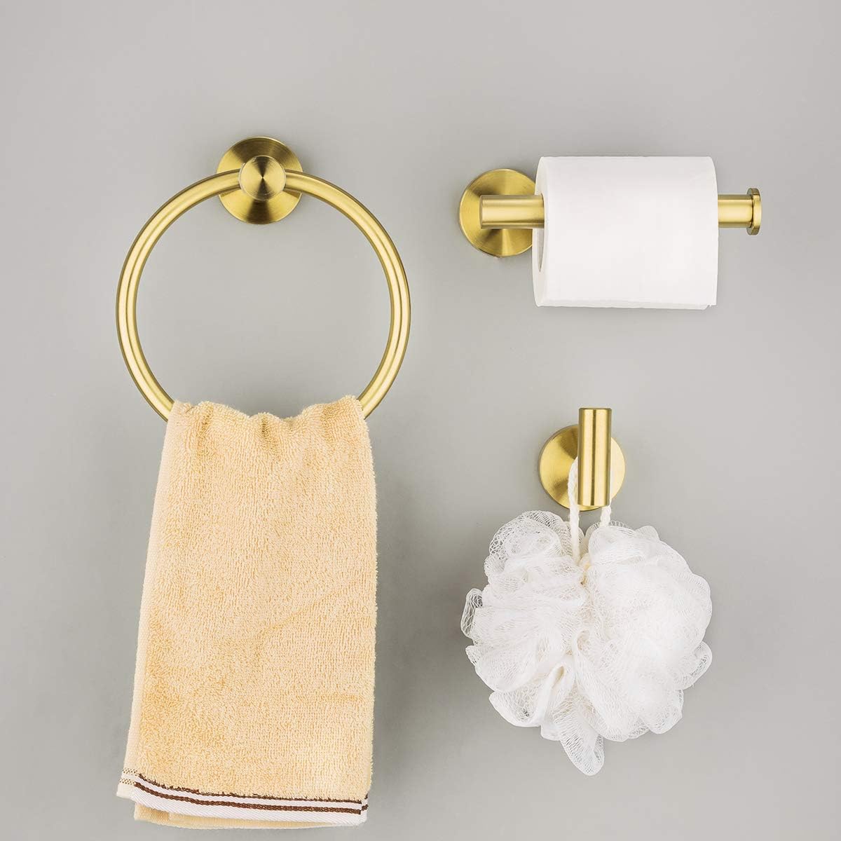 GAPPO 3 Piece Bathroom Hardware Accessories Set Brushed Gold SUS 304 Stainless Steel Wall Mounted Hand Towel Ring Toilet Paper Holder Robe Hook: Kitchen & Dining