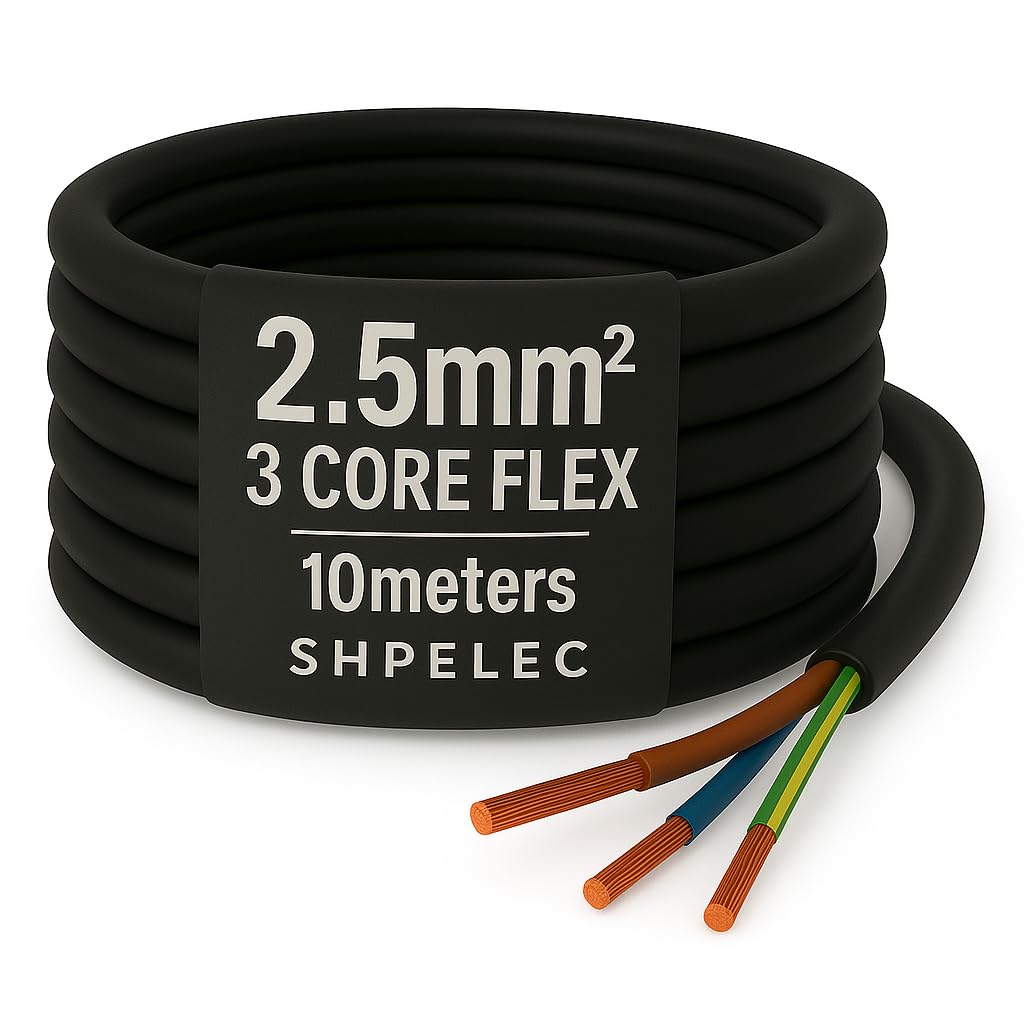 SHPELEC® FLEXIBLE Black Cable 3183Y 0.75mm, 1.0mm, 1.5mm, 2.5mm BASEC Approved Black PVC LED Lighting 5m 10m 15m 20m 50m (2.5mm 3 Core - 10metres)