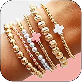 HUASAI Gold Bracelet Stack for Women Beaded Cross Pearl Bow Bracelet Non Tarnish Chunky Stretch Paperclip Chain Bracelets Set Trendy Jewelry Gifts Easter Basket Stuffers