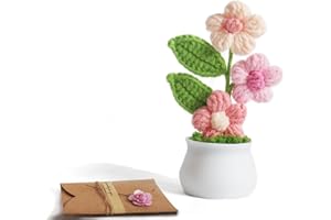 ZHOYIMIMI Knitting Crochet Puff Flowers Potted Plants, Handmade Knitted Gradient Colorful Flower for Home Office Car Decoration, Decorative Plants for Lasting Beauty, Gift for Women, Family, Friend（Light Pink）
