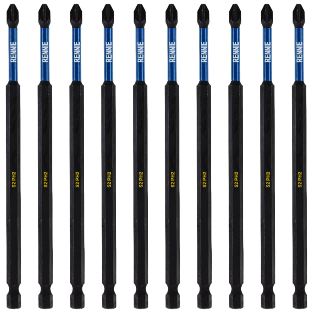 10 x Rennie Tools 150mm Long PH2 Impact Screwdriver Driver Bits Set. Magnetic Phillips No.2 Heavy Duty Impact Driver Bit Set. Extra Long PH2 Bits. Hex Shank. Cross Head. Black Oxide Coating