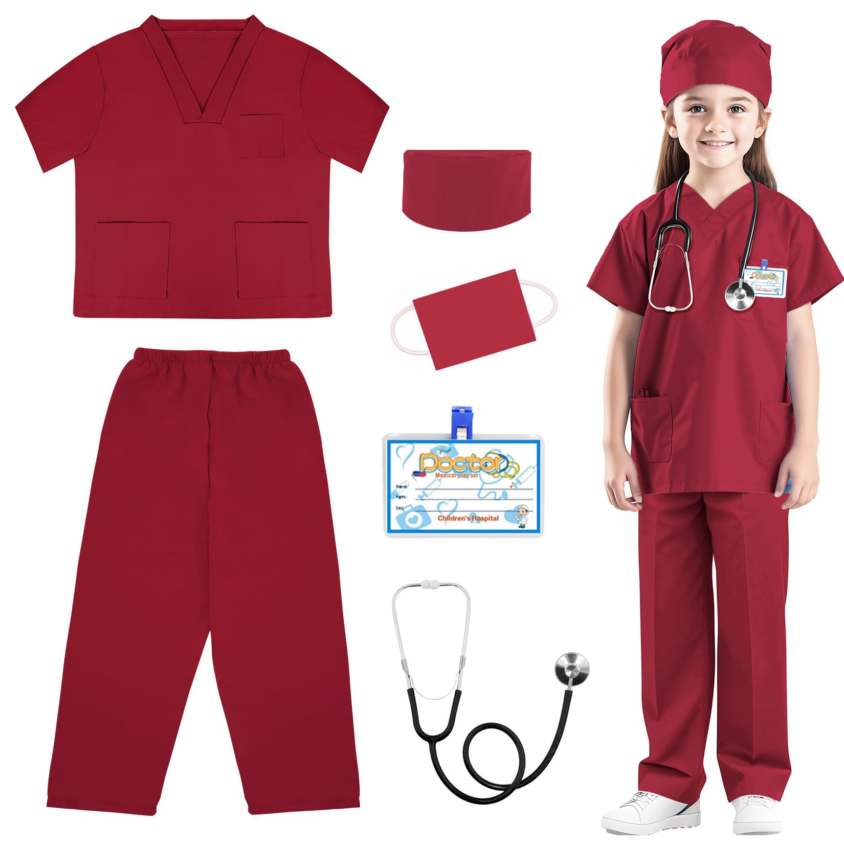 RioRand Doctor Costume for Kids, Toddler Nurse Scrubs with Accessories Christmas Dress Up Cosplay For Boys Girls 3-11 Years