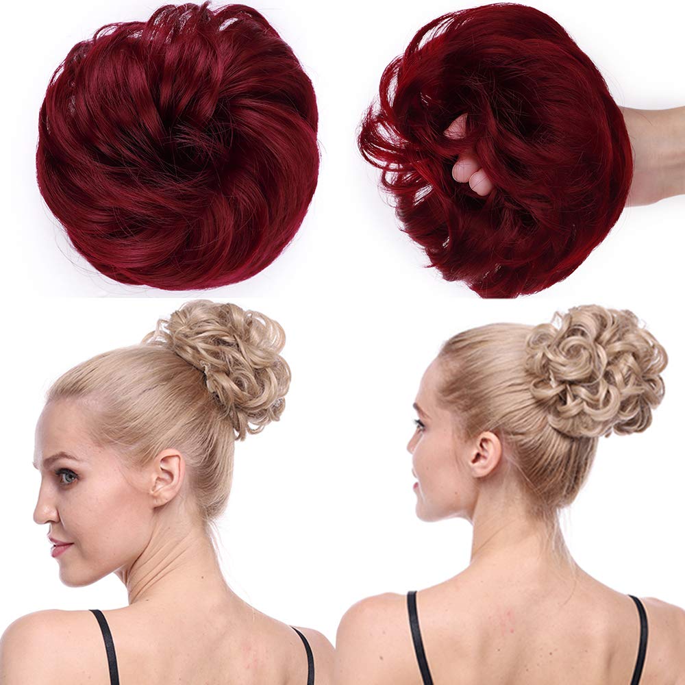 Thick Donut Scrunchie Bun Updo Hairpiece Scrunchy Wavy Curly Messy Hair Ribbon Chignons Ponytail Extension [Dark Red]