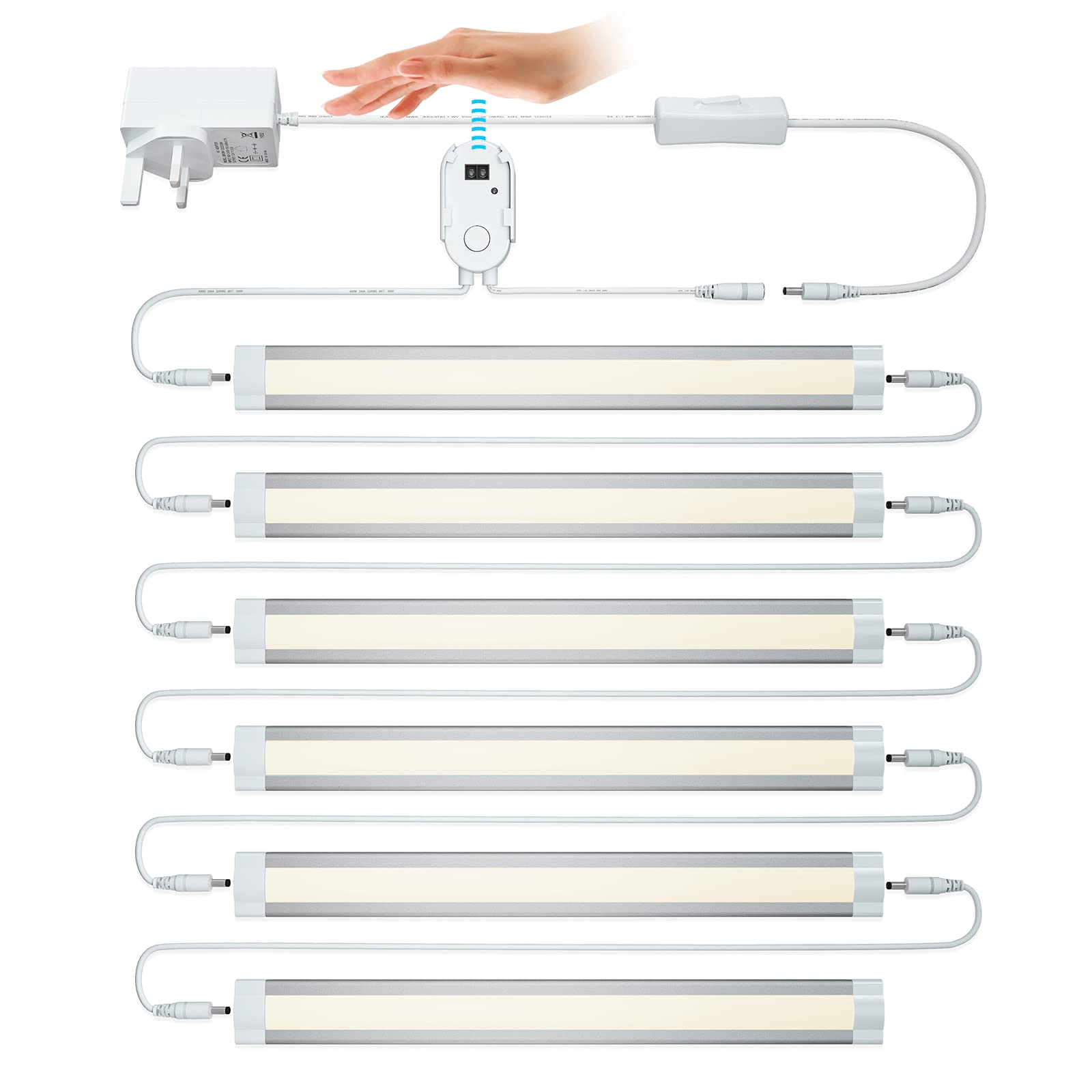 LAMPAOUS Under Cabinet Lighting Kits, Upgraded Motion Sensor Activated Under Cupboard Lights Natural White, 24W Stick on Lights for Kitchen Shelf Desktop Wardrobe Stairs, Touchless Dimming, 6 Pack