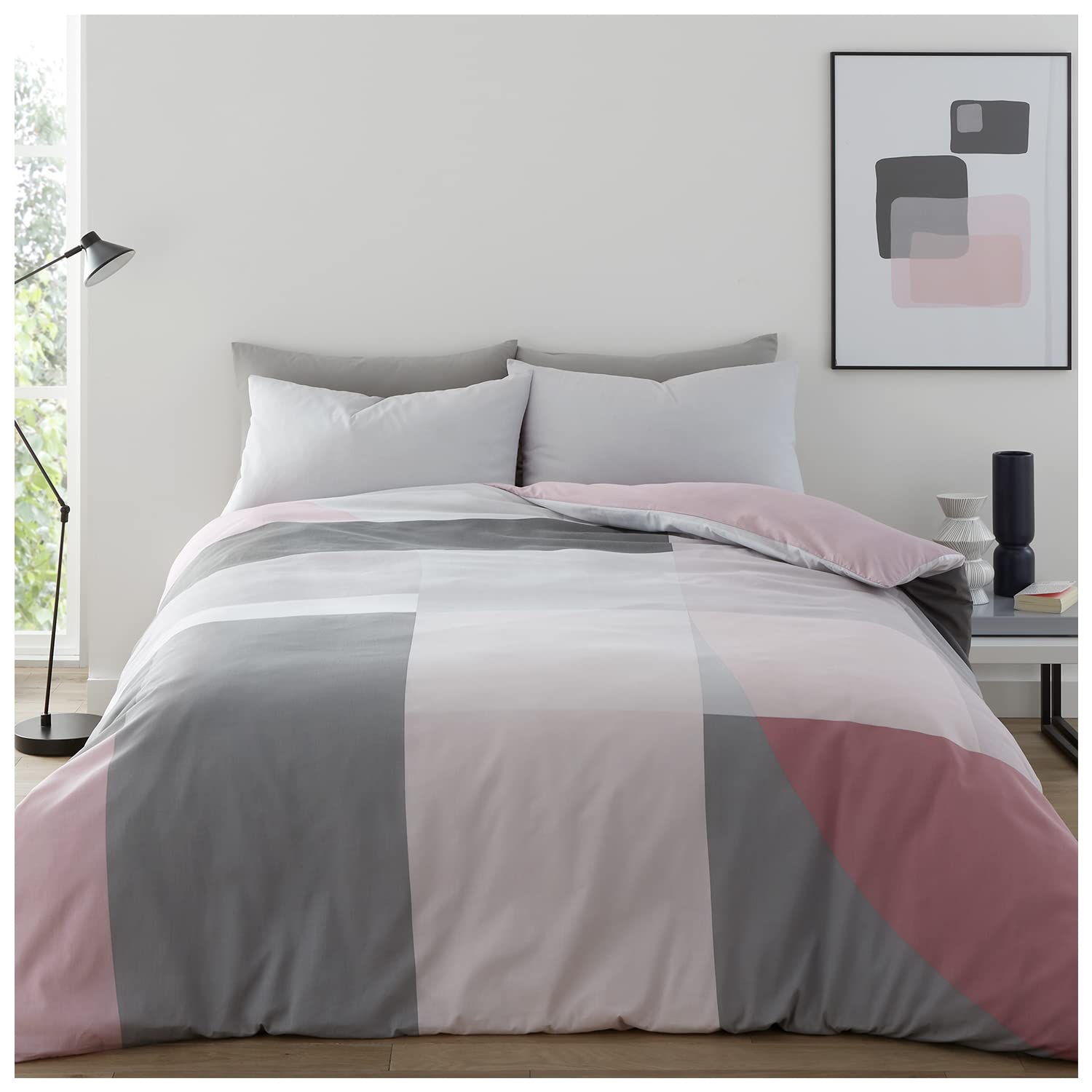 GC GAVENO CAVAILIA Duvet Cover King Size, Polycotton Fabric Reversible Bedding Quilt Set, Washable Bed Covers, Blush Pink/Grey, 721864, Blocked - Blush Pink