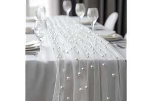 White Pearl Table Runner 120 Inch 10FT, White Gauze Table Runners, Rustic Boho for Holiday Wedding Decor, Home Party ,Baby Sh