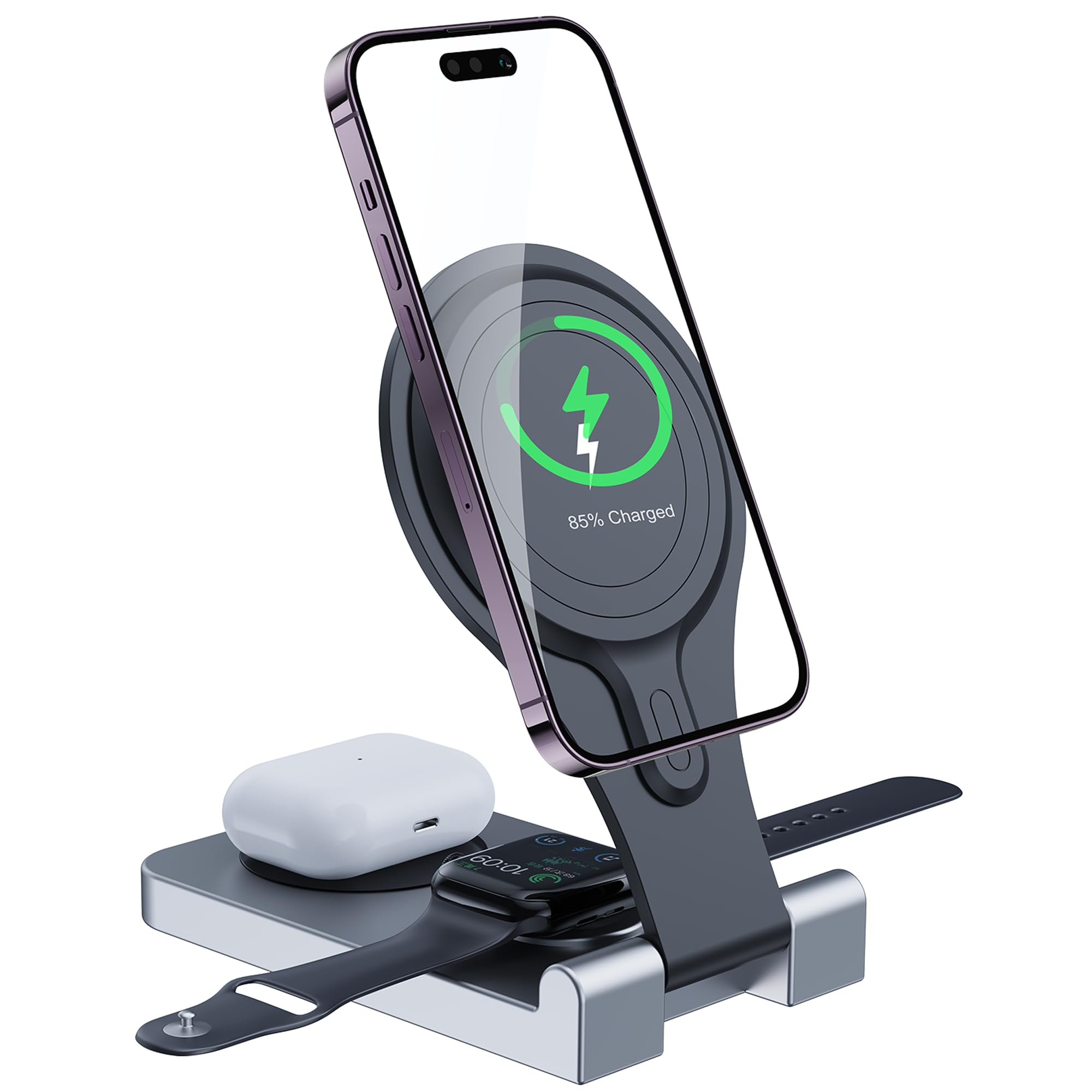 Magsafe charger, 3 in 1 wireless charging station foldable travel charger, Wireless charger iphone 15/14/13, iphone iwatch charging station, wireless charger iphone and apple watch9/8/7 charging dock