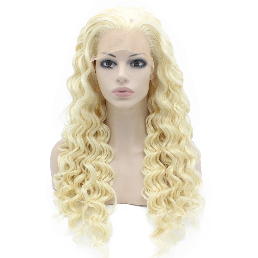 Long Curly light Blond Heat Safe Fiber Hair Lace Front Wig