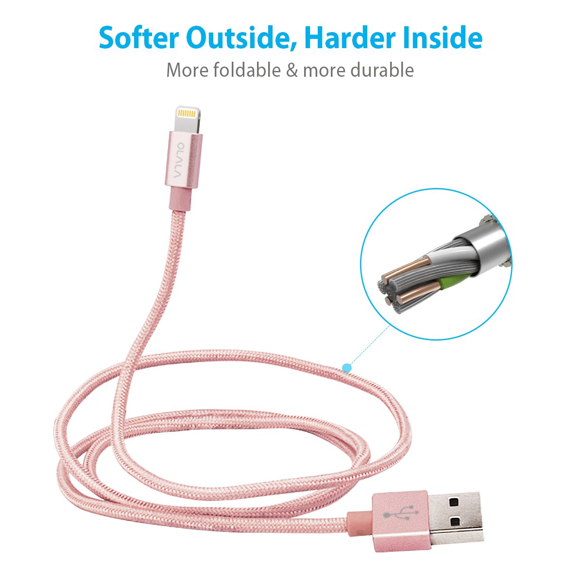 [Apple MFi Certified] OLALA 3.3 Feet/1 Meter Nylon Braided Lightning to USB Cable Sync and Charging Charger Cord for iPhone, iPad and More (Rose Gold)