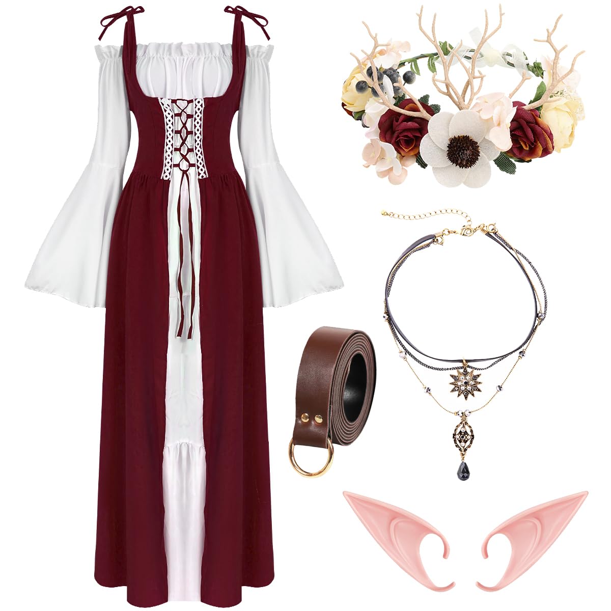 WILDPARTY Renaissance Dresses Medieval Costume for Women Flower Crown Elf Ear Choker Necklace Leather Belt Fairy RedWhite-L — image 1