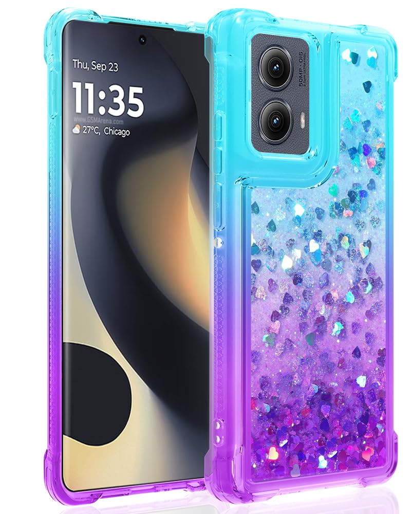 Guzhthi for Motorola Edge 2024 Case: Clear Glitter Flowing Liquid Quicksand Shockproof Corner Phone Case for Motorola Moto Edge 2024 - Teal/Purple