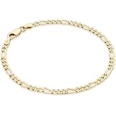 Miabella Italian Solid 925 Sterling Silver, 18Kt Gold Plated 3mm Diamond Cut Figaro Chain Bracelet for Women, Made in Italy