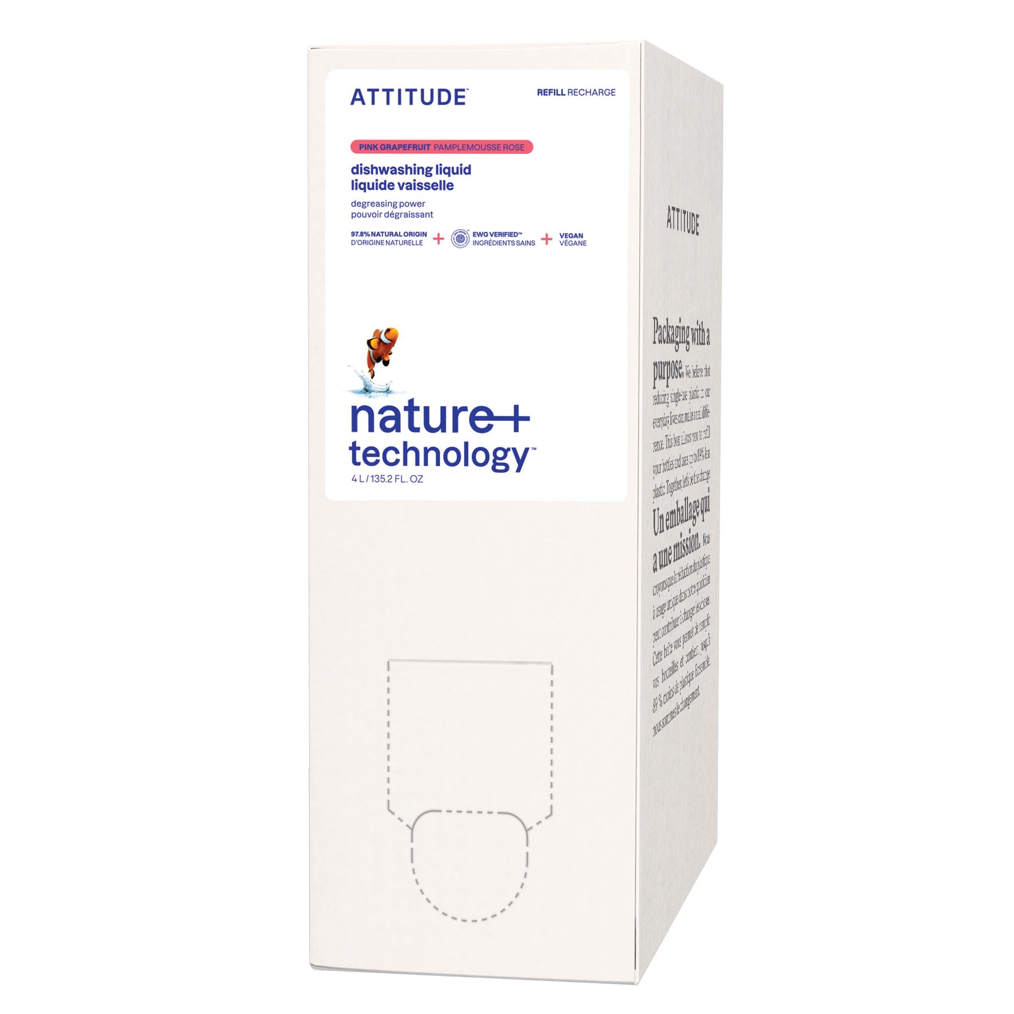 ATTITUDE Dish Soap Refill, EWG Verified, Plant-Based & Vegan Dishwashing Liquid, Naturally Derived, Pink Grapefruit, 135.3 Fl Oz Image