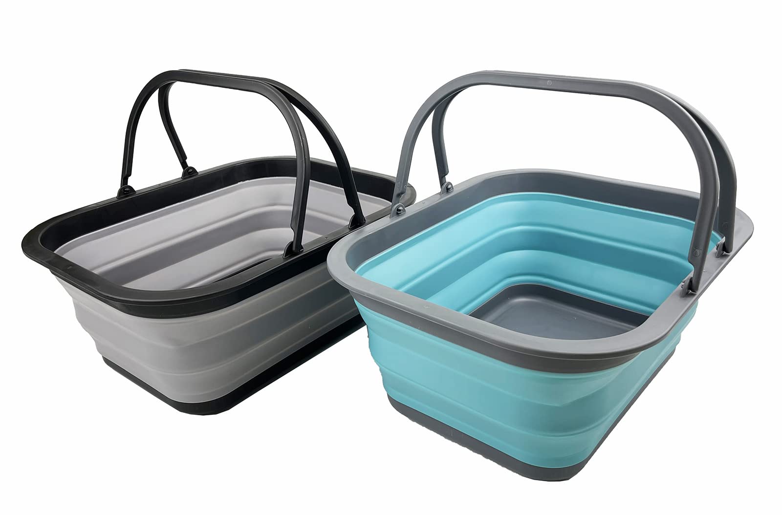 SAMMART 15L Set of 2 Collapsible Basket with Handle - Portable Outdoor Picnic Basket/Crater - Foldable Shopping Bag - Space Saving Storage Container (Alloy Grey + Crystal Blue)