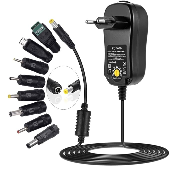 PChero 24W Universal Steckernetzteil mit 8 Abnehmbar DC Stecker für 3V-12V Haus Elektronik und USB-Geräte - 2000mA Max