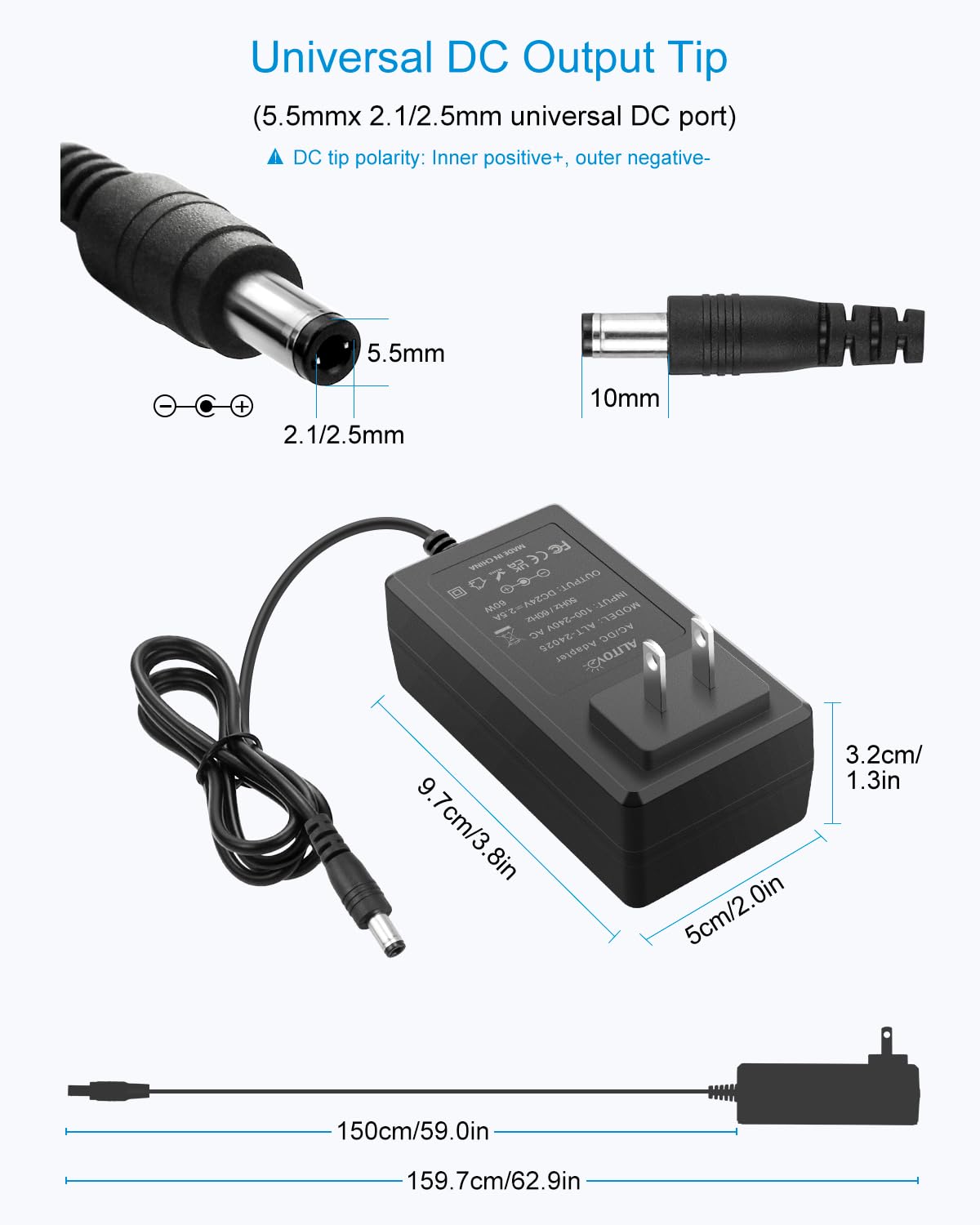 ALITOVE 24V DC Power Supply 2.5A 60W 24 Volt Transformer AC Adapter 4.92Ft 2500mA 2A AC to DC Converter with 5.5 x 2.5mm Tip for LED Lights Routers Printer SoundBar Electronic LCD Monitor