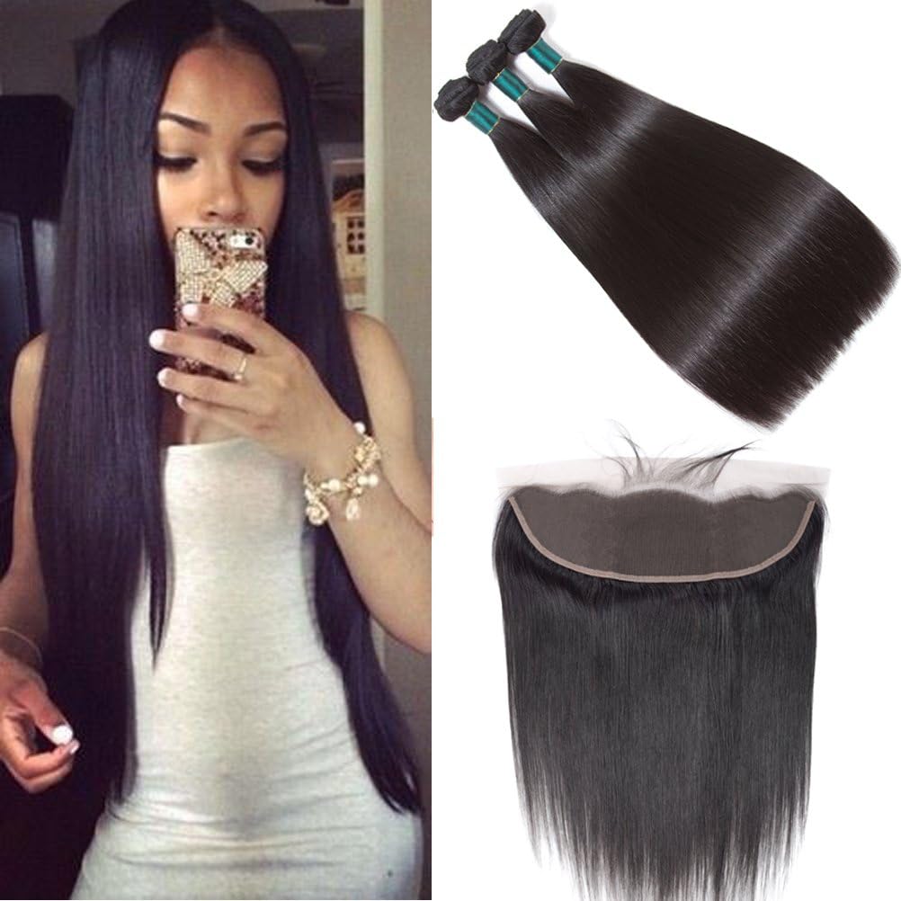 Brazilian Straight Hair Bundles With Frontal Human Hair Straight Virgin Lace Frontal Closure With Bundles 3 Hair Extension Bundles With Frontal (16 16 16+14 frontal, Natural Color)