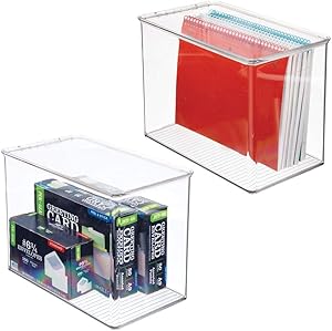 mDesign Tall Plastic Stackable Home, Office Supplies Storage Organizer Bin Box with Attached Lid - Holder Container Bin for Note Pads, Gel Pens, Staples, Dry Erase Markers - 9