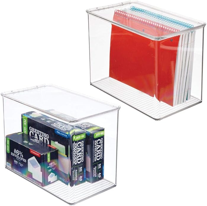 mDesign Tall Plastic Stackable Home, Office Supplies Storage Organizer Bin Box with Attached Lid - Holder Container Bin for Note Pads, Gel Pens, Staples, Dry Erase Markers - 9