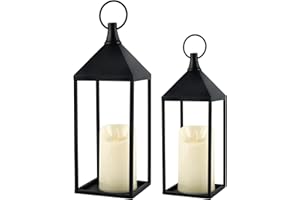 ASHELYULLA Modern Farmhouse Lantern Decor, 2Pcs Metal Candle Lanterns with Flameless Candles Black Decorative Lantern for Front Porch Covered Patio Dining Table Entryway Table Wedding Home Decor