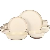 Gibson Elite Laguna Bliss 16 Piece Stoneware Reactive Glaze (Service for 4) Ceramic Plates and Bowls Dinnerware Set - Matte Cream White W/Terracotta Bottom