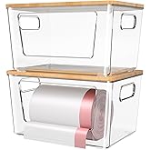 spospo 2 Pack Trash Bag Holder with Bamboo Lid, Stackable Trashbag Dispenser, Extra Large Garbage Bag Holder for Kitchen Laundry Room Under Sink Organization and Storage