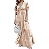 Amegoya Women's Casual Short Sleeve V Neck Floral Maxi Dresses Boho Beach Photoshoot Flowy Ruffle Long Dress