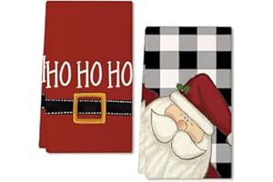 ARKENY Christmas Dish Towels for Christmas Decor Santa Claus Kitchen Towels 18x26 Inch Black Buffalo Plaid Washcloths Seasonal Noel HO HO HO Hand Towel for Cooking Set of 2 AD022