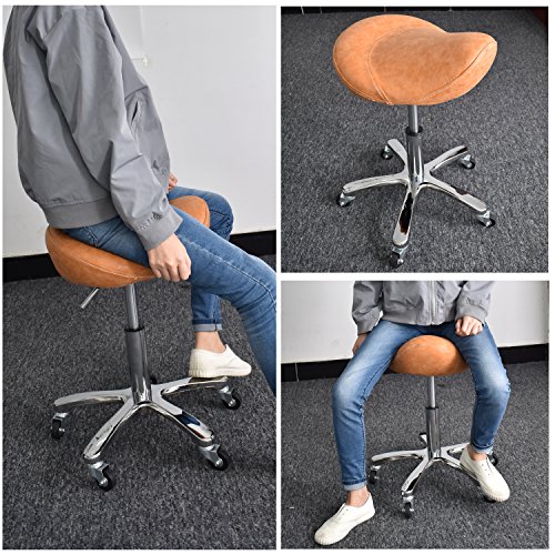 Rolling Stool Saddle Chair Beauty Salon Stool Leather Seat With Wheels Adjustable Height For Studio Medical Office Salon Spa Yellow