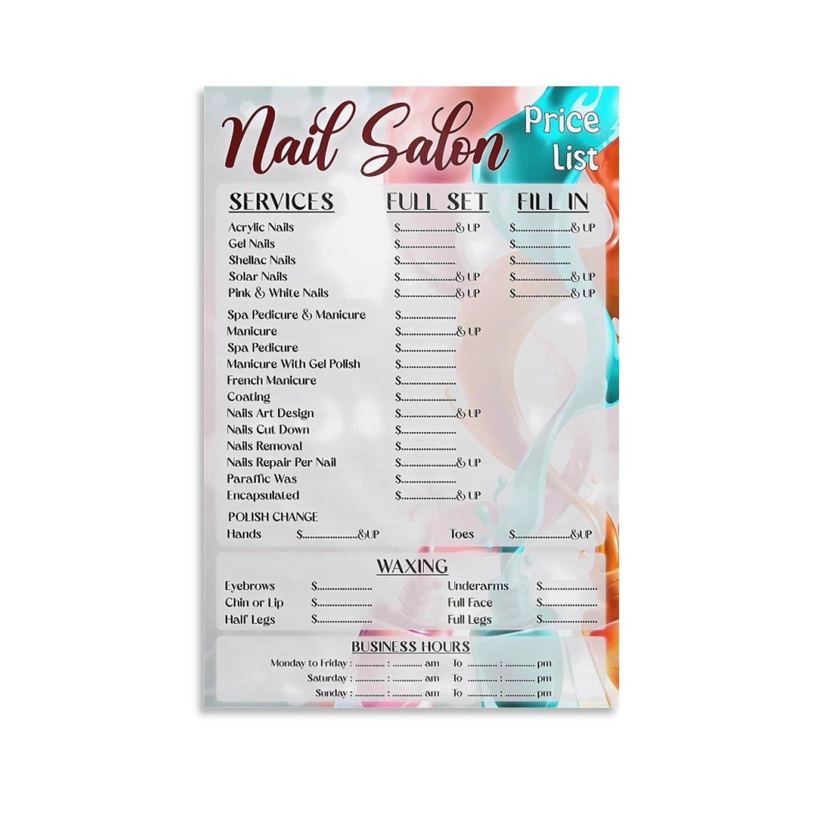 JBBGO Nail Price List Poster for Beauty Salon