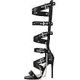 MissHeel Knee High Strappy Buckle Heels Gladiator Sandals with Chain
