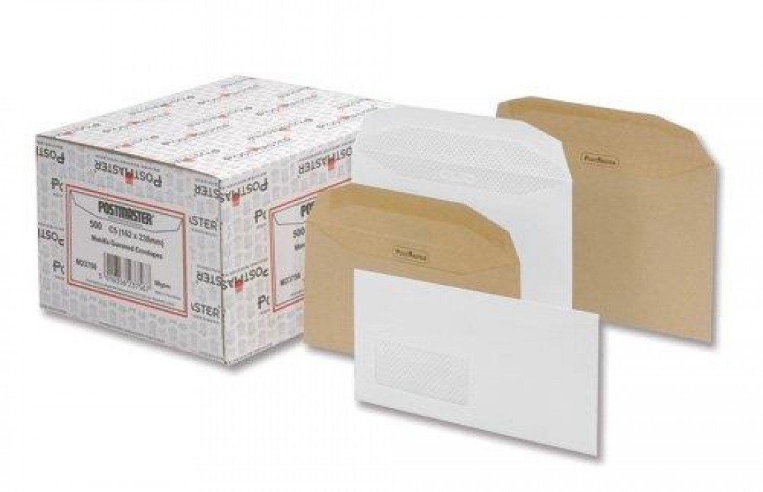 Postmaster Envelopes Wallet Gummed with Window 80gsm Manilla DL [Pack of 500]