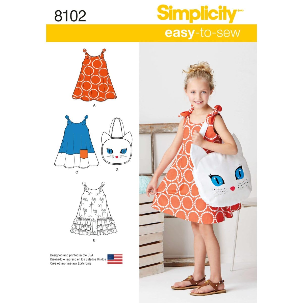 Simplicity Pattern 8102 A Child's Easy-to-Sew Sundress and Kitty Tote, Paper, 22x15x1 cm