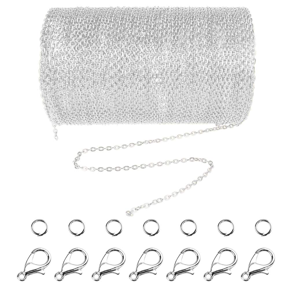 33 Feet Alloy DIY Link Chain Necklace with 30 Jump Rings and 20 Lobster Clasps for Men Women Jewelry Chain DIY Making (1.5 mm) (Silver)