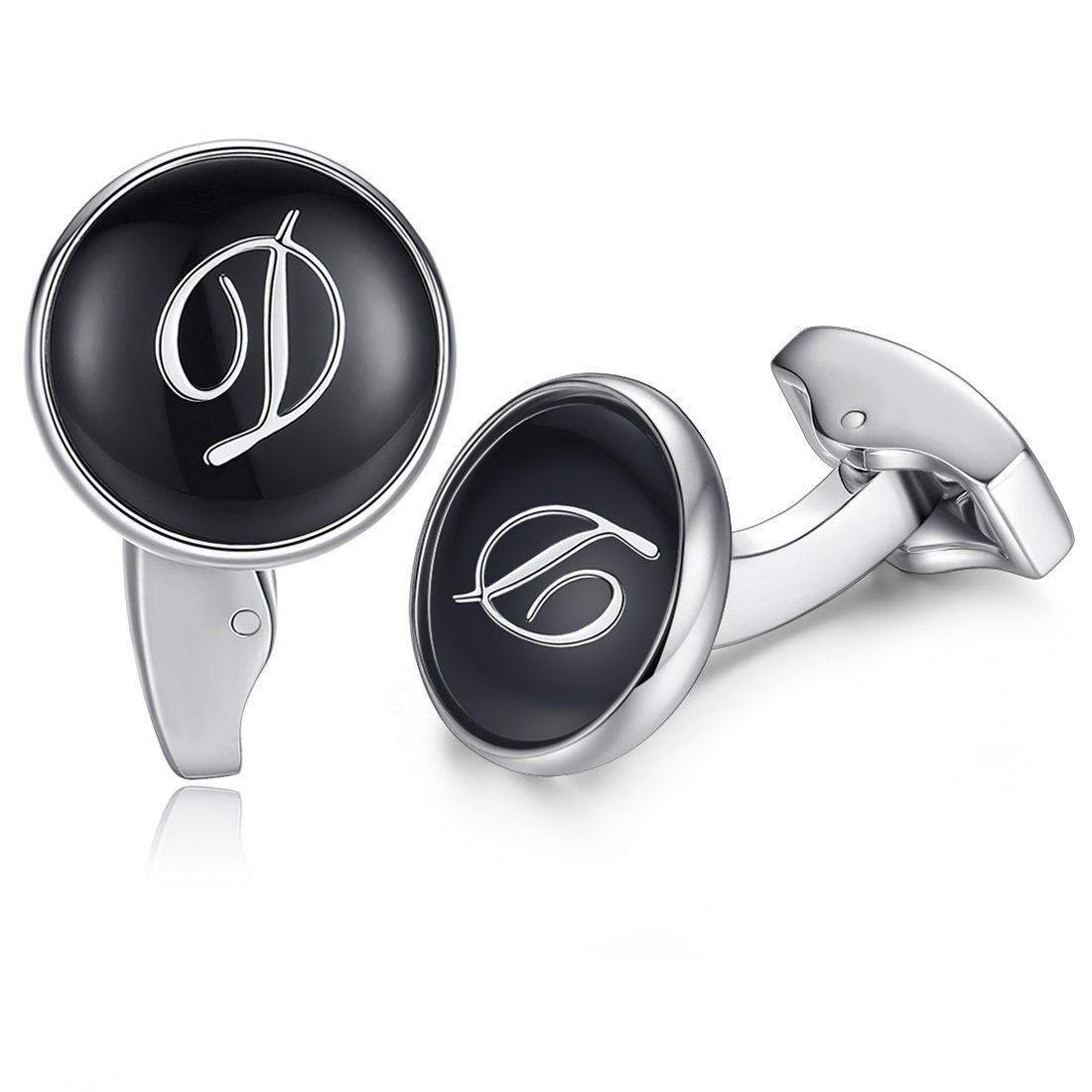 HONEY BEAR Initial Alphabet Letter Cufflinks for Men, Black Round Shape Wedding Business Gift A - Z (D)