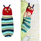 Onwon Crocheted Cute Caterpillar Outfit Beanie Hat Clothes Newborn Photography Props Handmade Knitted for Unisex Infant Boy Girl