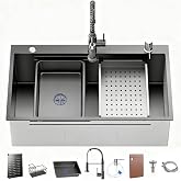 Black Drop-In Kitchen Sink:30in Stainless Single Bowl Sink &amp;Accessories | Spacious 30-Inch Workstation Sink with 7-in-1 Accessory Set, Designed for Large Families