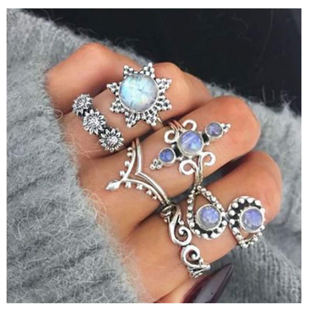 Asooll Vintage Silver Punk Knuckle Rings Set Crystal Joint Rings Ring for Women and Girls.(6 Pcs)