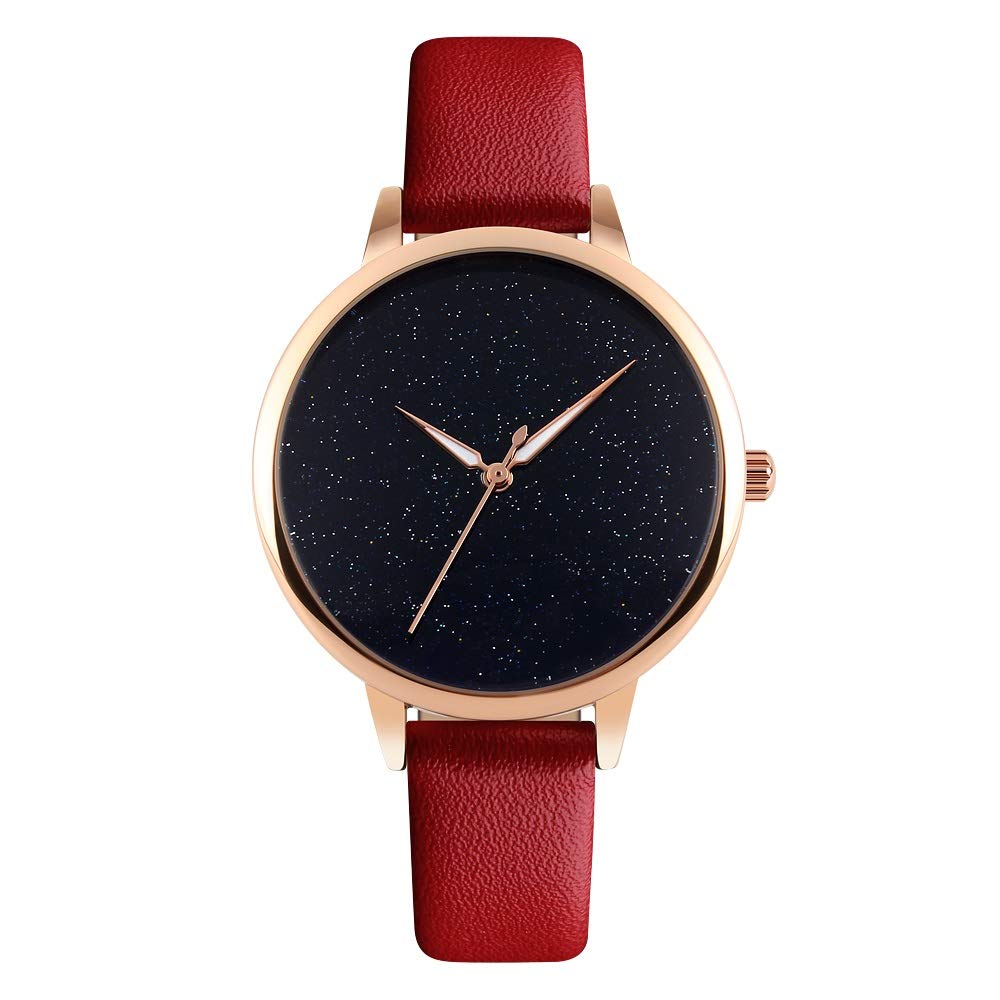 FeiWen Fashion Watch for Women Lady Girl Unique Starry Sky Dial Gold Stainless Steel Case with Leather Band Casual Minimalism Analog Quartz Watches, Red