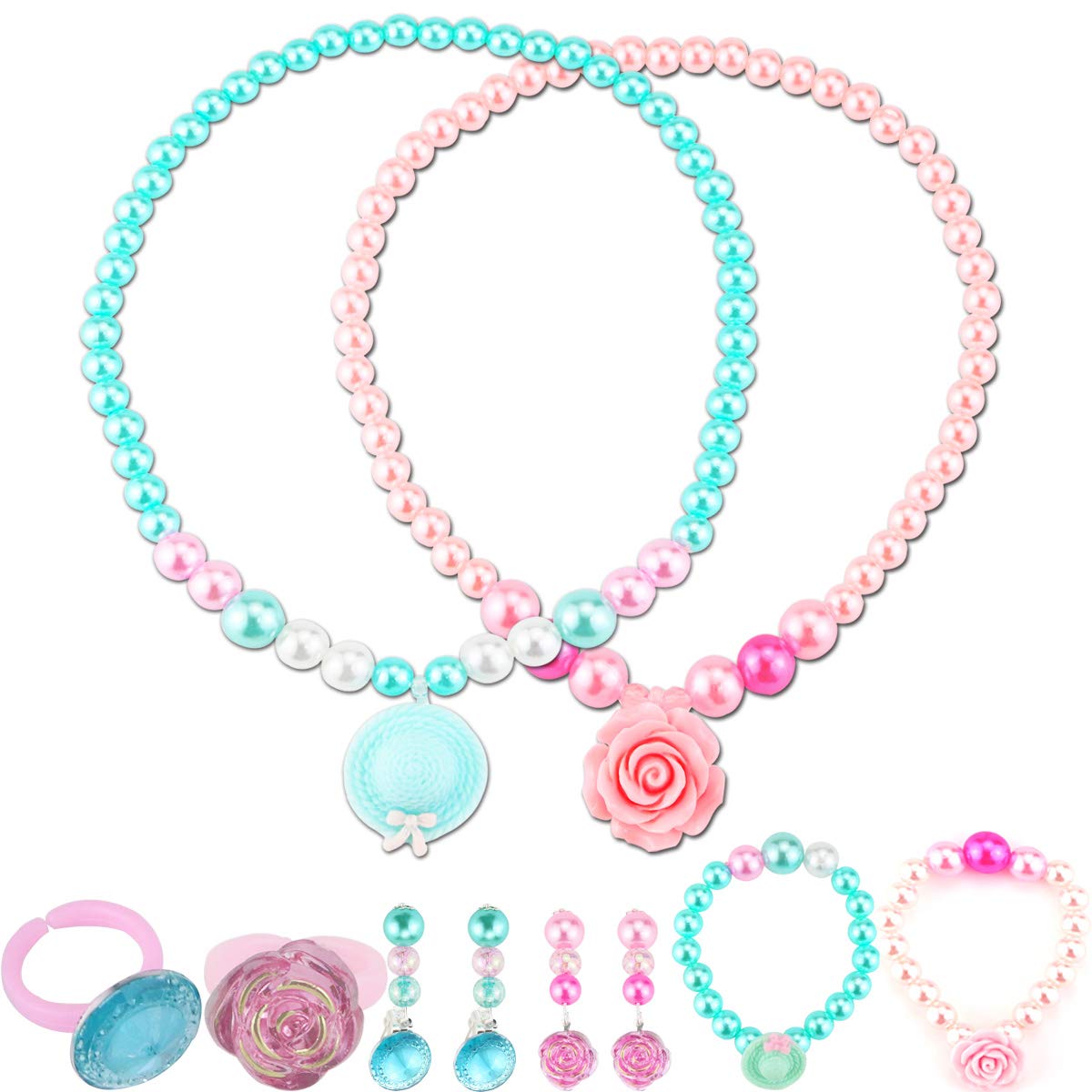 Nexxxi 2 Set Little Girls Beaded Necklaces, Lovely Princess Necklace Bracelet Earring Ring Set Girls, Beaded Jewelry for Girls(Pink and Sky Blue)
