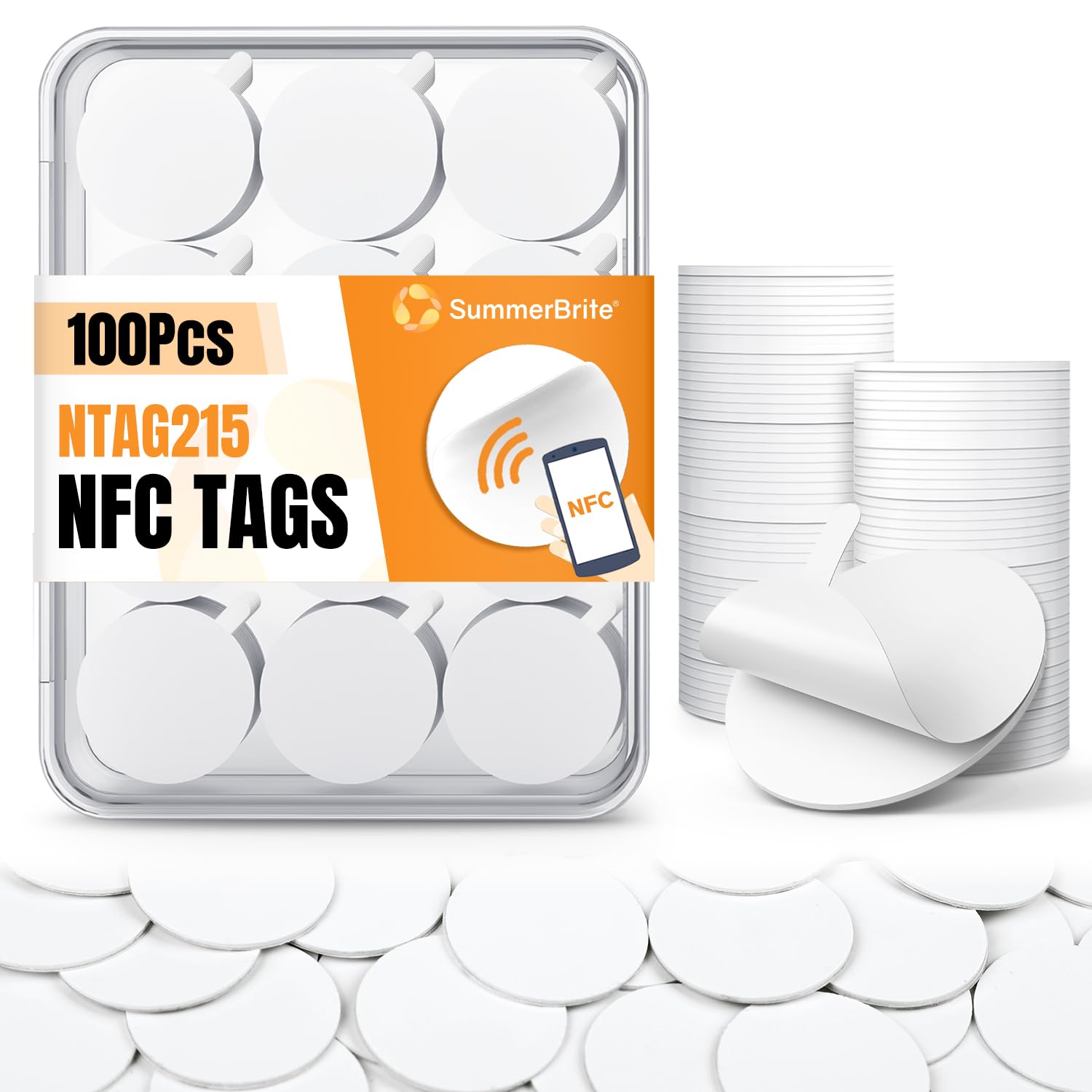 100 Pcs NFC Tags NTAG215 Blank NFC Cards Stickers, Rewritable Programmable NFC 215 Chip NFC Coins with Adhesive Back, 504 Bytes Memory, Compatible with TagMo and NFC Enabled Devices