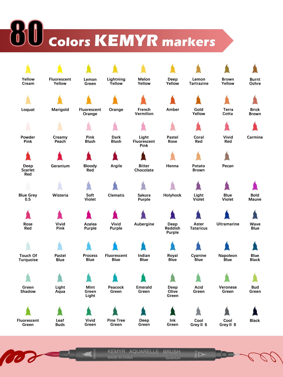 KEMYR Markers for Adult Coloring Books: 80 Color Dual Tip Fine & Brush Pens - Water-Based Coloring Marker for Adults Drawing Sketching Bullet Journal Writing Lettering No bleeding